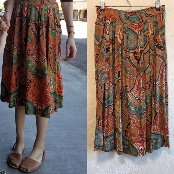 Vintage Dresses & Skirts - Vintage 70s Paisley Print Midi Skirt S